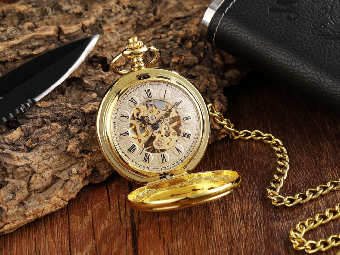 Ceas de buzunar Gorben PM076 Auriu - Steampunk, Mecanic, Afișaj cu Cifre Romane, Cu Lant Vintage Retro [4]