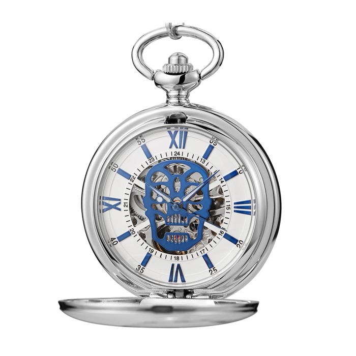 Ceas de buzunar Gorben PM248 Argintiu - Skeleton Mecanic, Afișaj cu Cifre Romane, Cu Lant Vintage Retro [1]