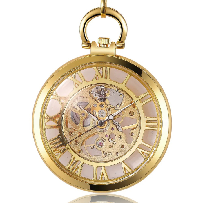 Ceas de buzunar Gorben PM678 Auriu - Skeleton, Steampunk, Mecanic, Afișaj cu Cifre Romane, Cu Lant Vintage Retro [1]