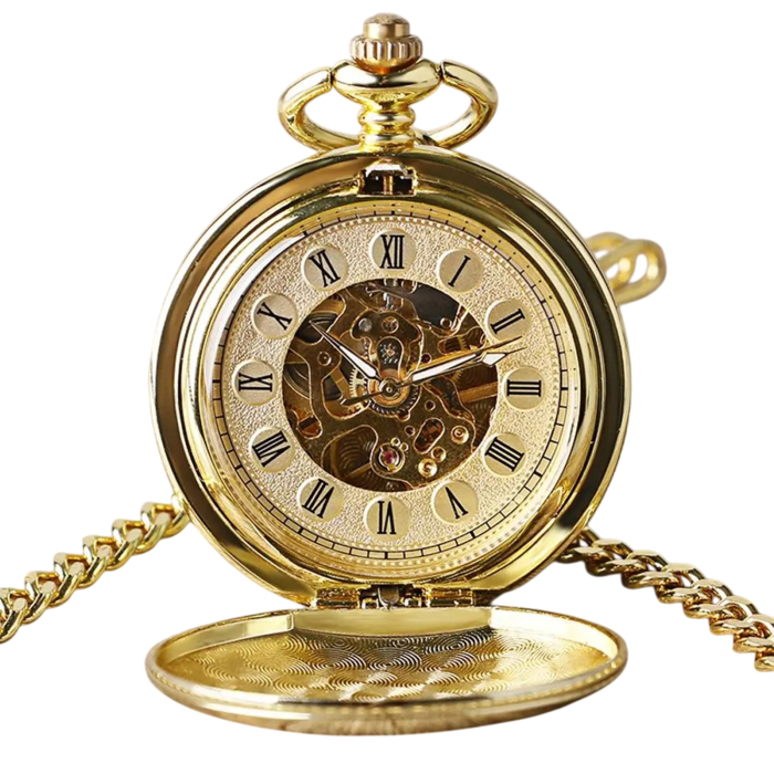 Ceas de buzunar Yisuya P240 Auriu - Skeleton Mecanic, Afișaj cu Cifre Romane, Cu Lant Vintage Retro [1]