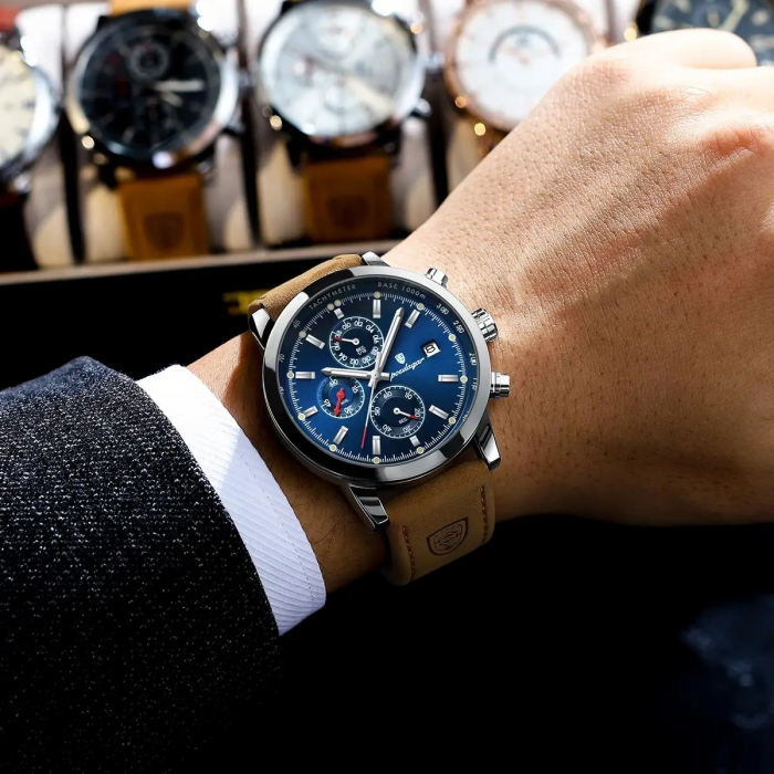 Ceas barbatesc Poedagar Cronograf Analog Quartz Data Piele Maro Albastru [3]