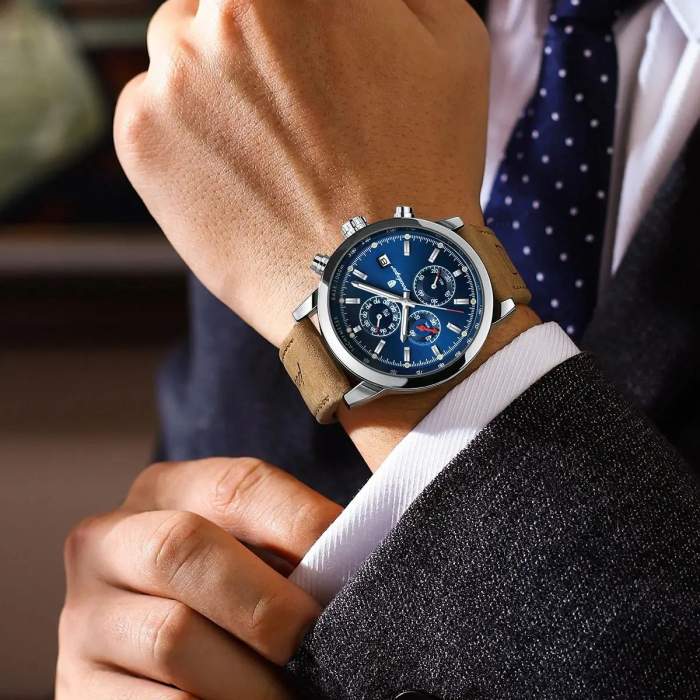 Ceas barbatesc Poedagar Cronograf Analog Quartz Data Piele Maro Albastru [2]