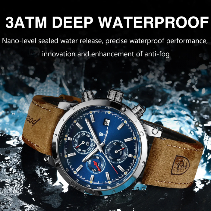 Ceas barbatesc Poedagar Cronograf Analog Quartz Data Piele Maro Albastru [4]