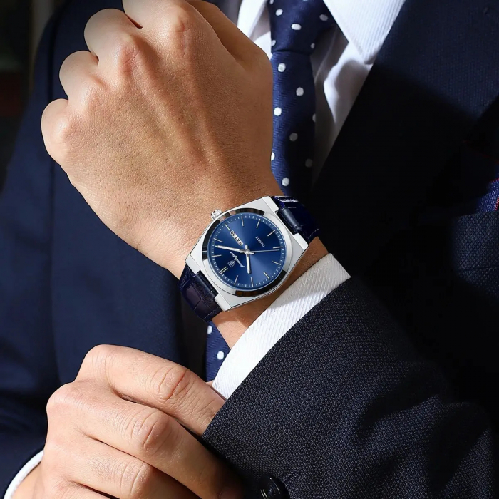 Ceas barbatesc Poedagar Luxury Fashion Afisare data Zilele saptamanii Quartz Piele Negru Albastru [2]