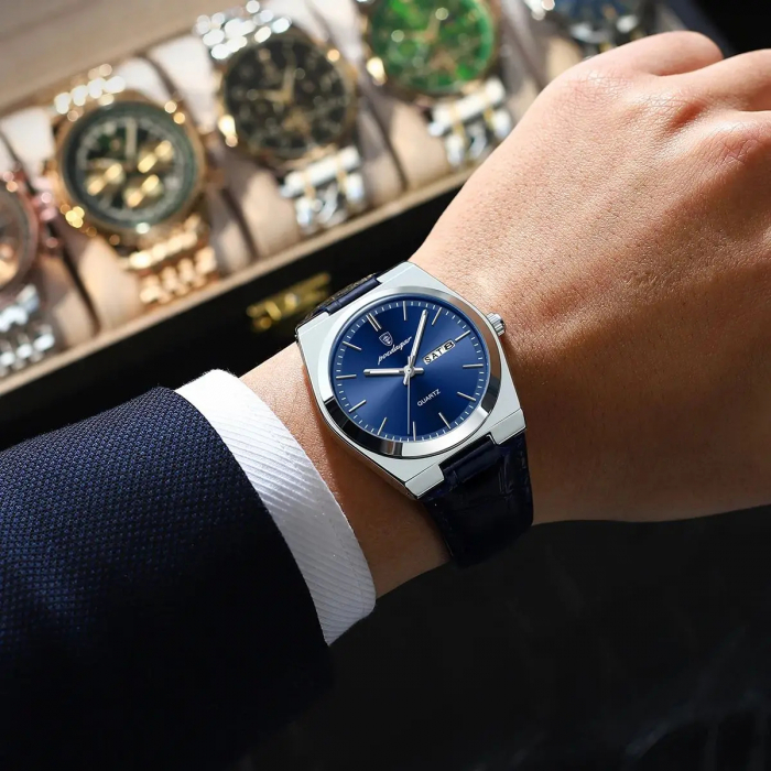 Ceas barbatesc Poedagar Luxury Fashion Afisare data Zilele saptamanii Quartz Piele Negru Albastru [3]
