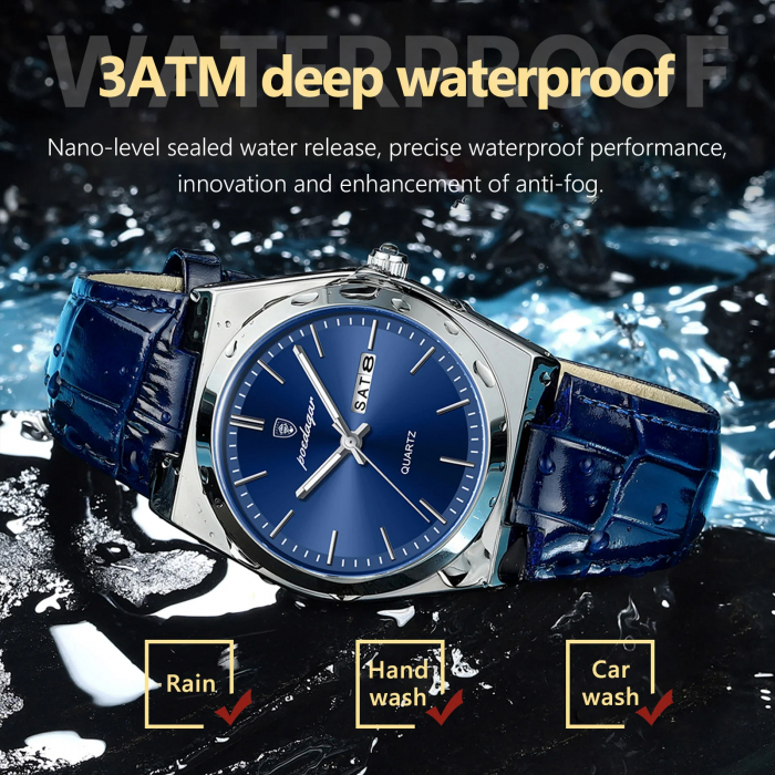 Ceas barbatesc Poedagar Luxury Fashion Afisare data Zilele saptamanii Quartz Piele Negru Albastru [4]