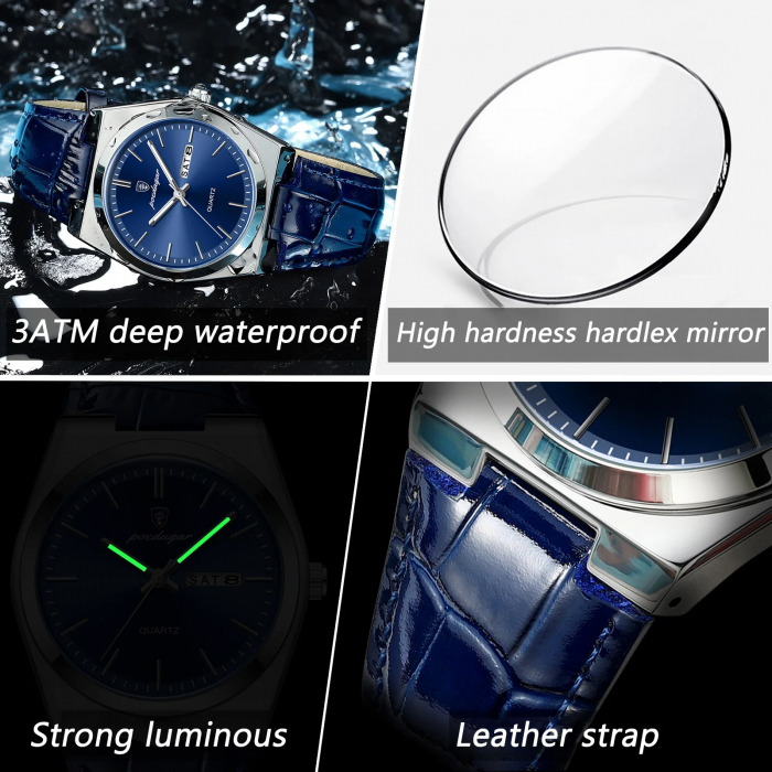 Ceas barbatesc Poedagar Luxury Fashion Afisare data Zilele saptamanii Quartz Piele Negru Albastru [5]