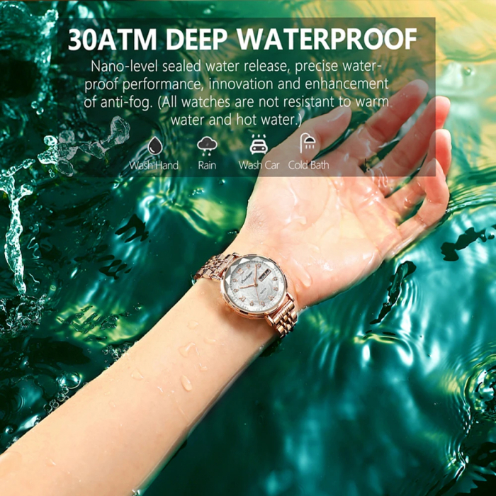 Ceas de dama Poedagar Luxury Fashion Afisare data Zilele saptamanii Casual Quartz Otel Auriu [5]