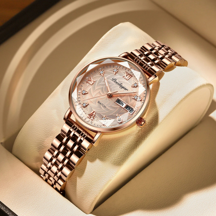 Ceas de dama Poedagar Luxury Fashion Afisare data Zilele saptamanii Casual Quartz Otel Auriu [2]