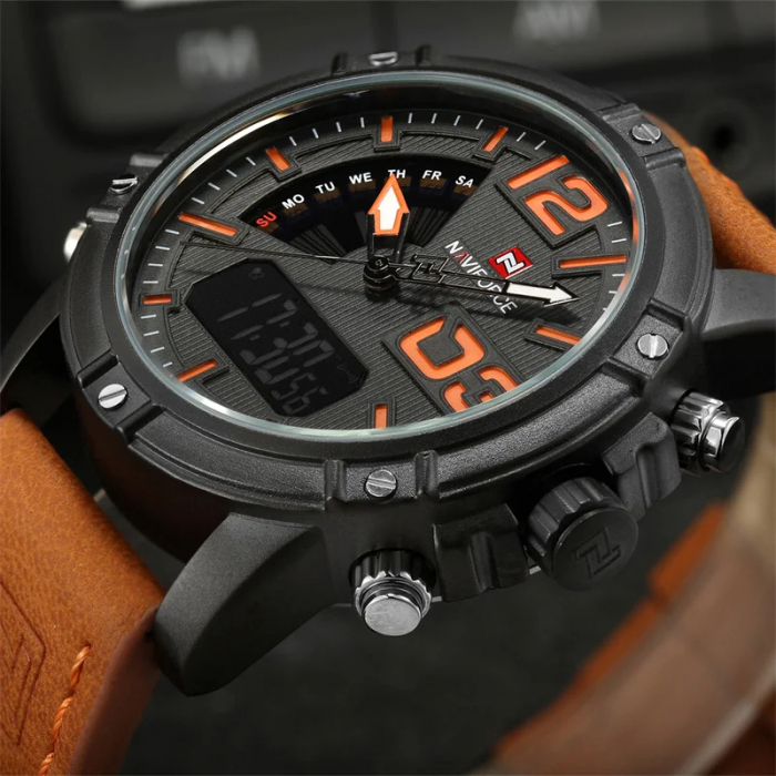 Ceas de mana barbatesc Naviforce Piele Digital Analog Quartz Cronometru Maro [3]