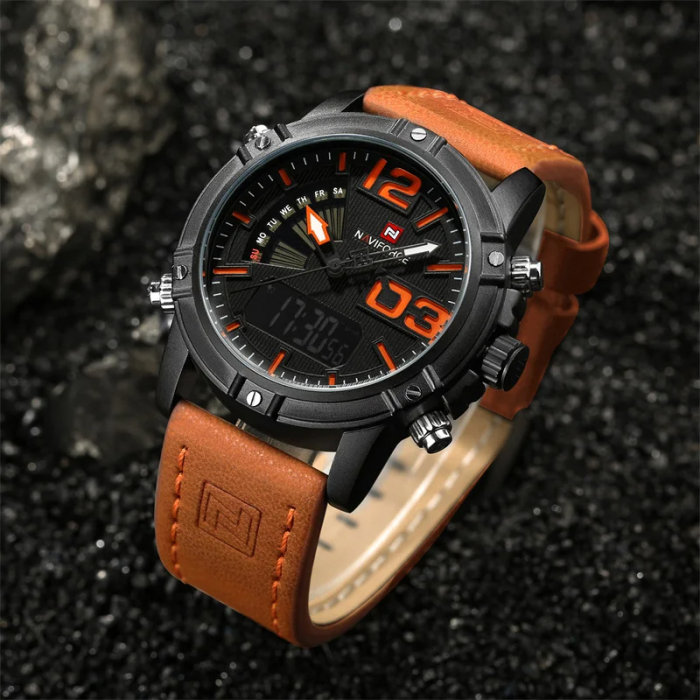 Ceas de mana barbatesc Naviforce Piele Digital Analog Quartz Cronometru Maro [2]