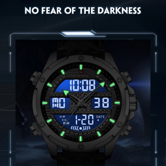 Ceas de mana barbatesc Naviforce Piele Digital Analog Quartz Cronometru Alarma Negru [5]
