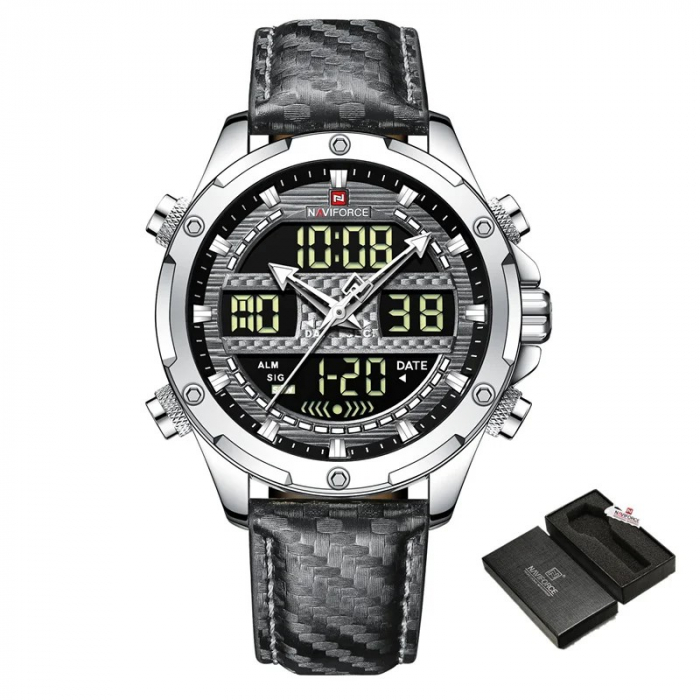 Ceas de mana barbatesc Naviforce Piele Digital Analog Quartz Cronometru Alarma Negru [6]