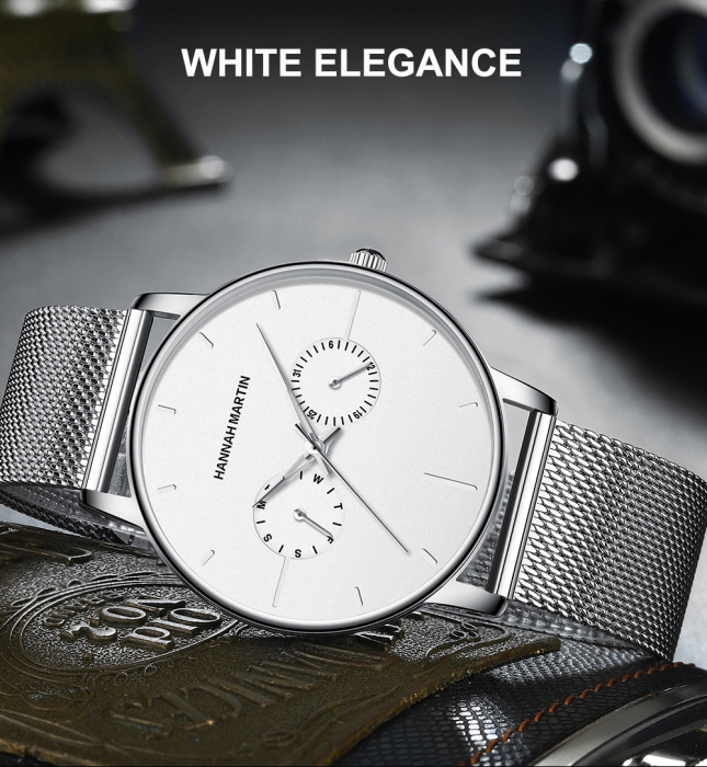 Ceas de mana barbatesc Hannah Martin Elegant Casual Fashion Quartz Analog Cronograf Argintiu [3]