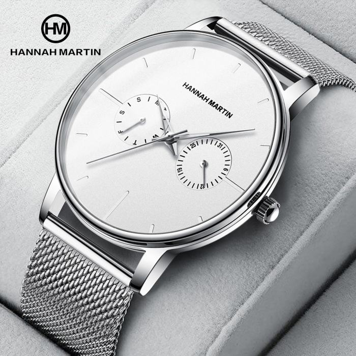 Ceas de mana barbatesc Hannah Martin Elegant Casual Fashion Quartz Analog Cronograf Argintiu [2]
