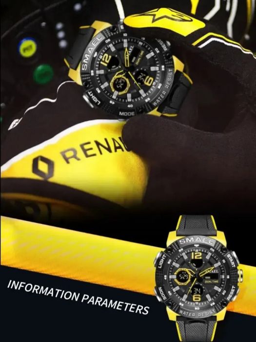 Ceas de mana barbatesc Smael Dual Time Sport Alarma Quartz Cronometru Lumina de fundal Negru Galben [2]