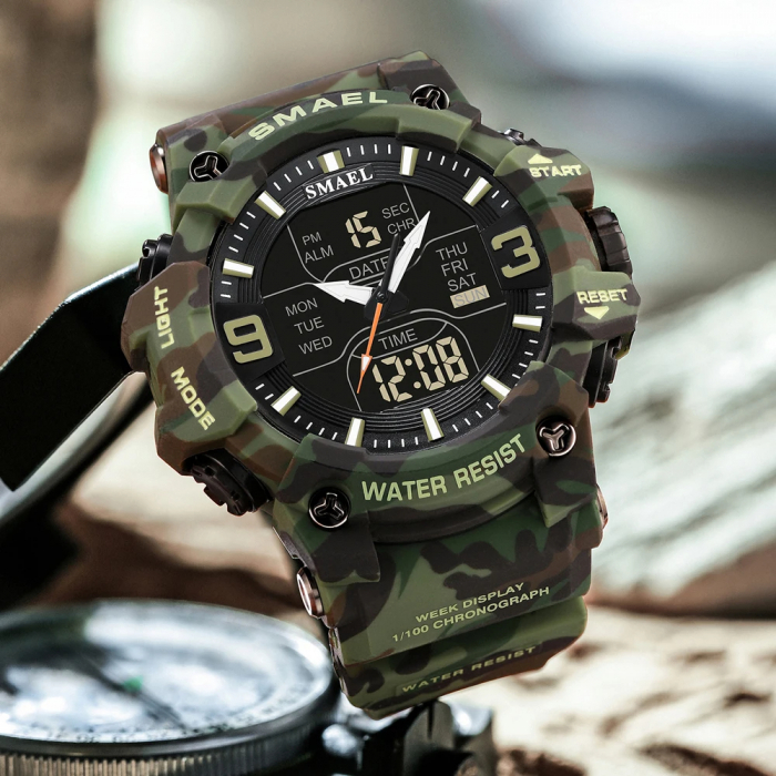 Ceas de mana barbatesc Smael Dual Casual Time Stil Army Militar Cronograf Cronometru Sport Camo Verde [2]