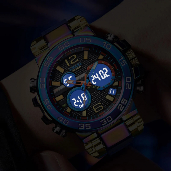 Ceas de mana barbatesc Smael Cronograf Stil Army Militar Dual Time Sport Cronometru Alarma Albastru [4]