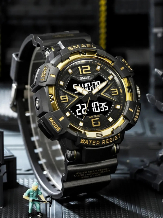 Ceas de mana barbatesc Smael Dual Time Stil Army Led Militar Cronometru Alarma Sport Negru Auriu [2]