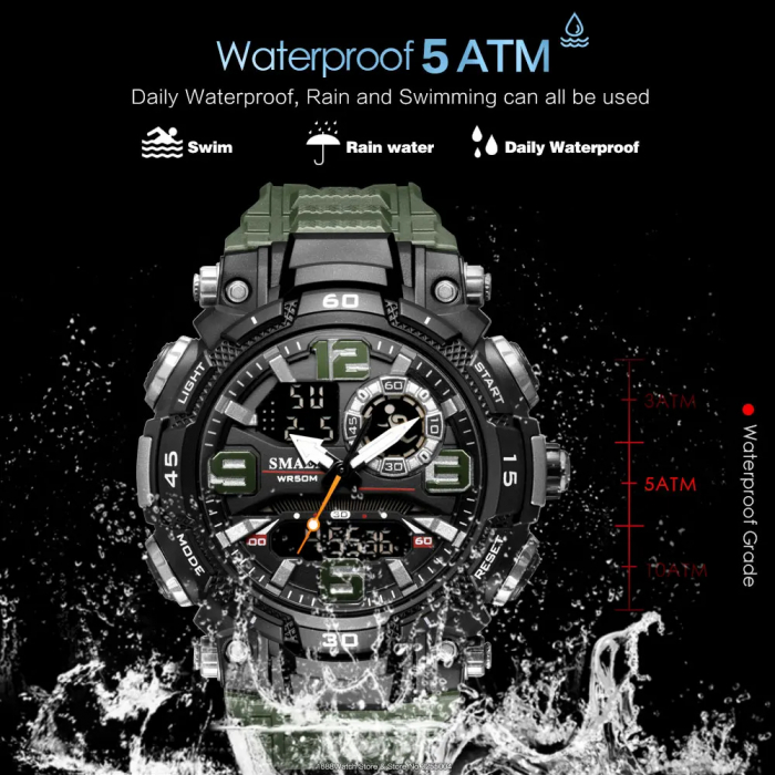 Ceas de mana barbatesc Smael Stil Militar Army Quartz Dual Time Sport Alarma Cronometru Lumina de fundal Verde [2]