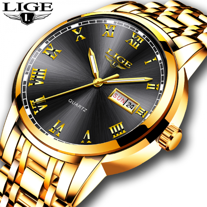 Ceas de mana barbati Lige Elegant Analog Quartz Luxury Auriu/Negru [2]