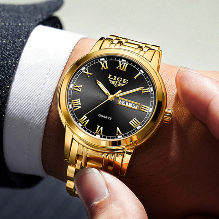 Ceas de mana barbati Lige Elegant Analog Quartz Luxury Auriu/Negru [7]