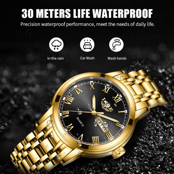 Ceas de mana barbati Lige Elegant Analog Quartz Luxury Auriu/Negru [5]