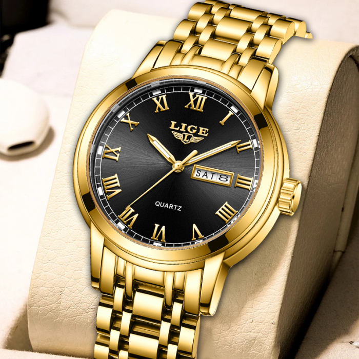 Ceas de mana barbati Lige Elegant Analog Quartz Luxury Auriu/Negru [4]