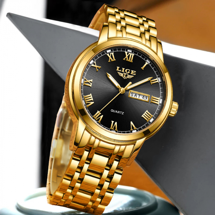 Ceas de mana barbati Lige Elegant Analog Quartz Luxury Auriu/Negru [6]