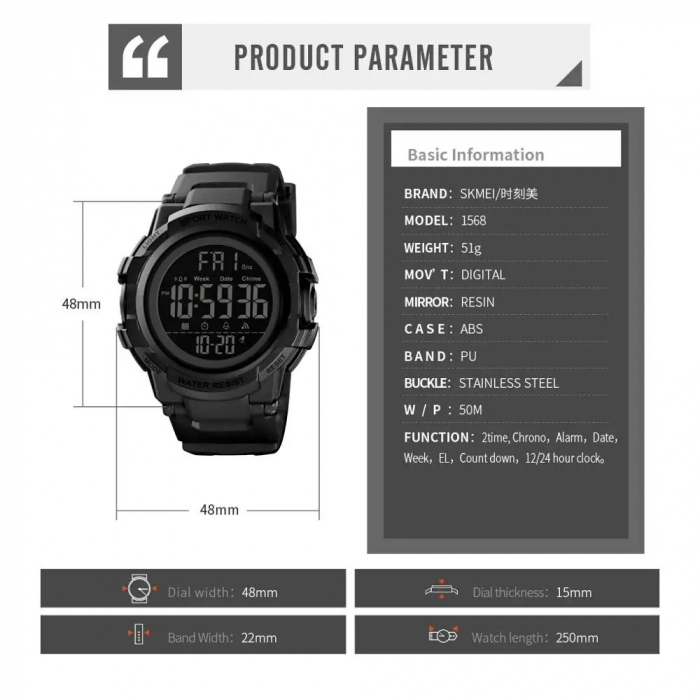 Ceas Digital Bărbați SKMEI 1568 Negru – Afișaj Digital, Funcții Multiple, Design Sportiv, Cronometru, Alarmă, Rezistent la Apă 5ATM [6]