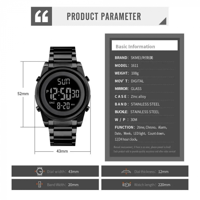 Ceas Digital Bărbați SKMEI 1611 Negru – Afișaj LED, Funcții Multiple, Design Sportiv, Cronometru, Alarmă, Rezistent la Apă 3ATM 7 [3]