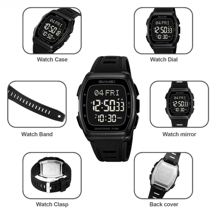 Ceas Digital Bărbați SKMEI 2441 Negru – Funcții Multiple, Design Sport, Afișaj LED, Alarmă, Rezistent la Apă 5ATM [2]