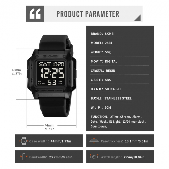 Ceas Digital Bărbați SKMEI 2454 Negru – Funcții Multiple, Design Army, Cronometru, Alarmă, Rezistent la Apă 5ATM [3]
