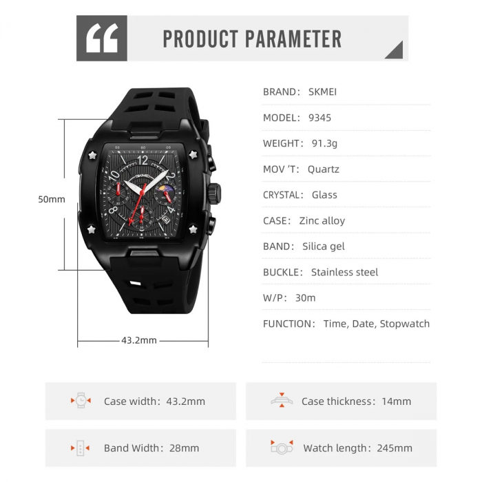 Ceas Digital Bărbați SKMEI 9345 Negru – Funcții Multiple, Design Fashion, Cronometru, Rezistent la Apă 3ATM [3]