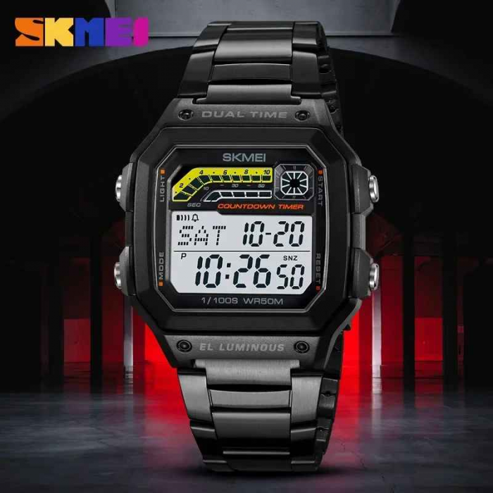 Ceas Digital Negru Bărbătesc SKMEI 2307 – LED, Brățară Oțel, Stil Sport & Casual, Waterproof 5 ATM, Square Design [3]