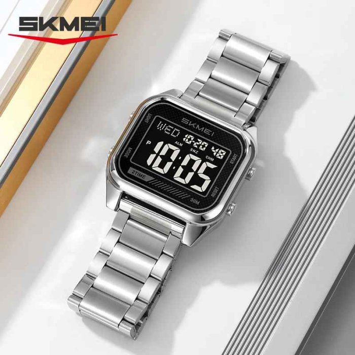 Ceas Digital SKMEI 2133 Argintiu – Brățară Inox, Waterproof 30M, Alarmă, Cronometru și LED [4]