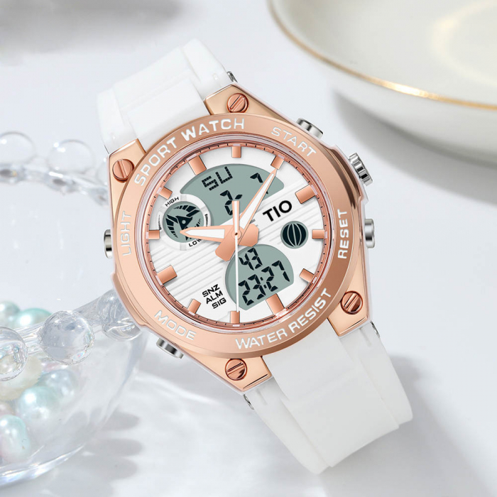 Ceas femei TIO Sport Quartz Digital Alarma Lumina fundal Afisare data Alb [2]