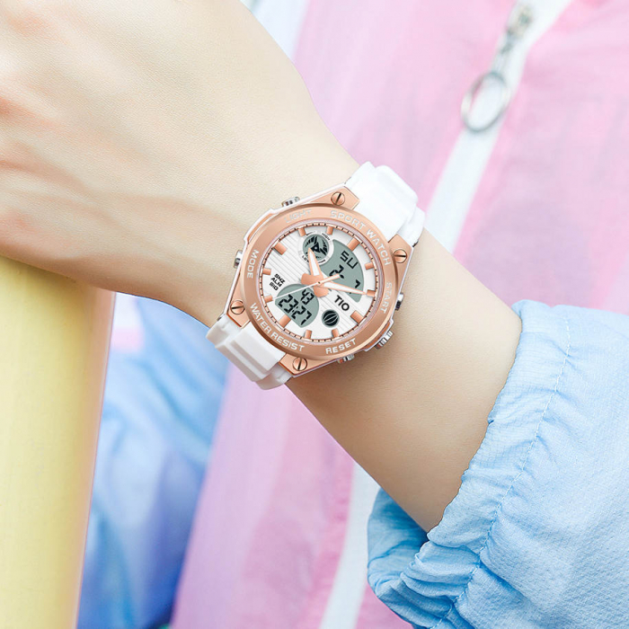 Ceas femei TIO Sport Quartz Digital Alarma Lumina fundal Afisare data Alb [6]