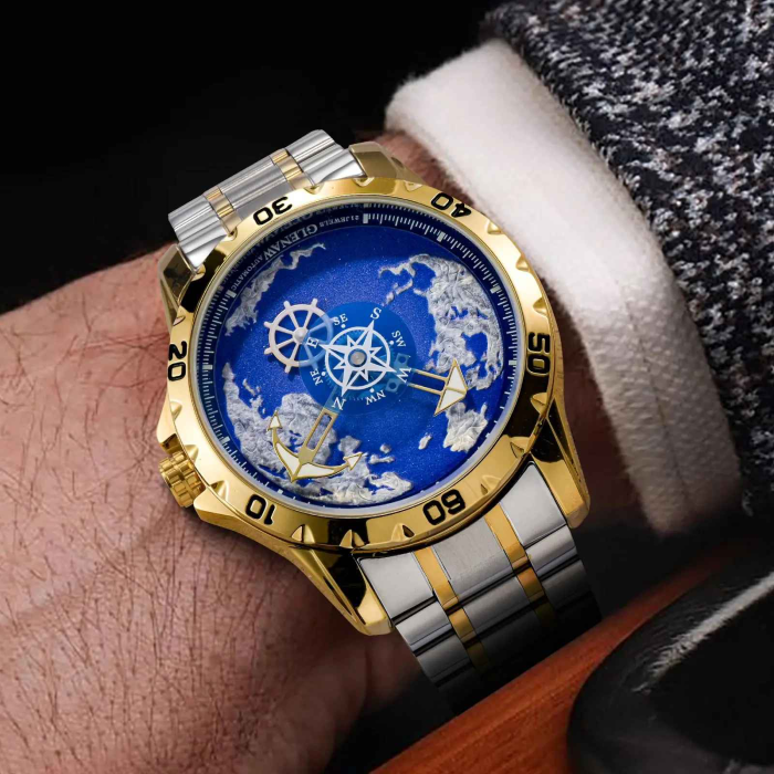 Ceas mecanic automat Glenaw Navigator Series, design premium albastru, carcasă 43mm, brățară oțel inoxidabil, rezistent la apă 3ATM, model gold & silver [4]