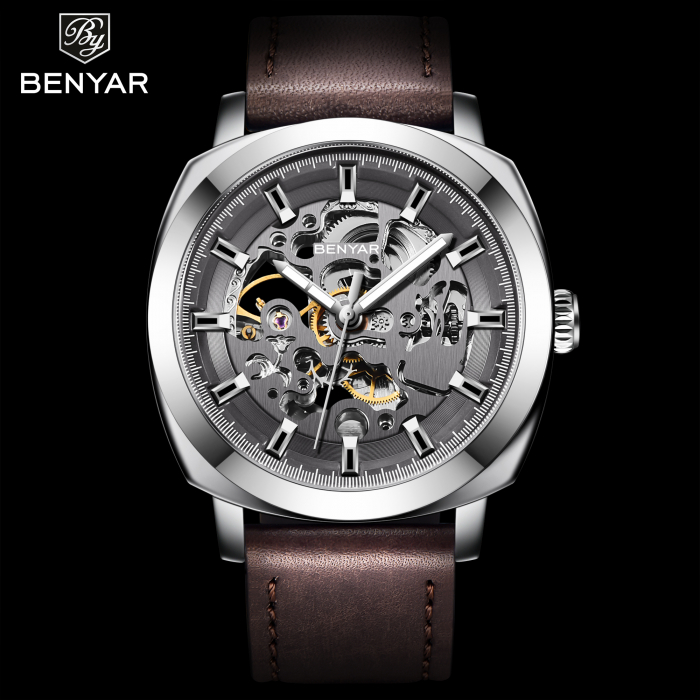 Ceas mecanic automatic Benyar Skeleton Curea din piele naturala [3]