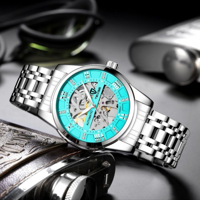 Ceas mecanic automatic Tevise Analog Self Wind Skeleton Clasic Otel Elegant Indici luminosi [2]