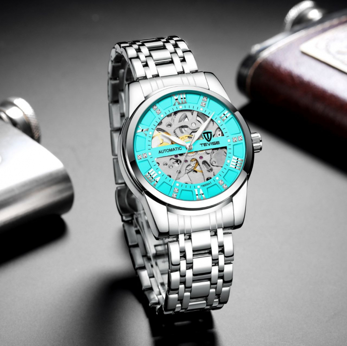 Ceas mecanic automatic Tevise Analog Self Wind Skeleton Clasic Otel Elegant Indici luminosi [4]