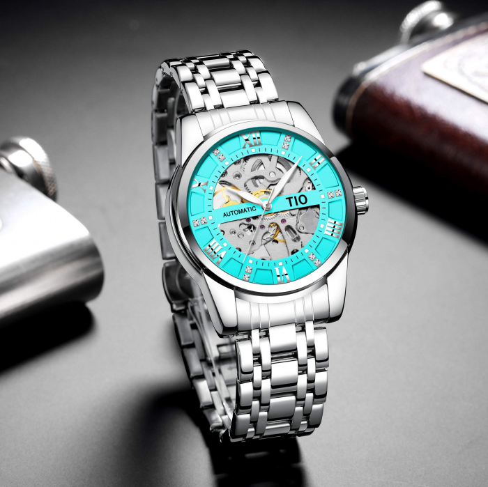 Ceas mecanic automatic TIO Analog Self Wind Skeleton Clasic Otel Elegant Indici luminosi Argintiu [4]