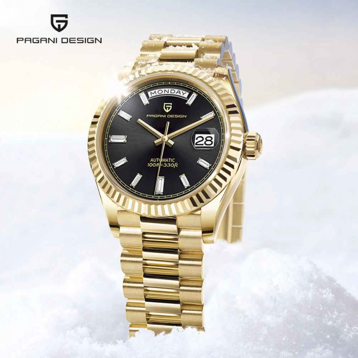 Ceas mecanic Pagani Design PD-1752 Gold Edition, Seagull ST16, cadran negru, oțel inoxidabil, rezistent 100m [6]