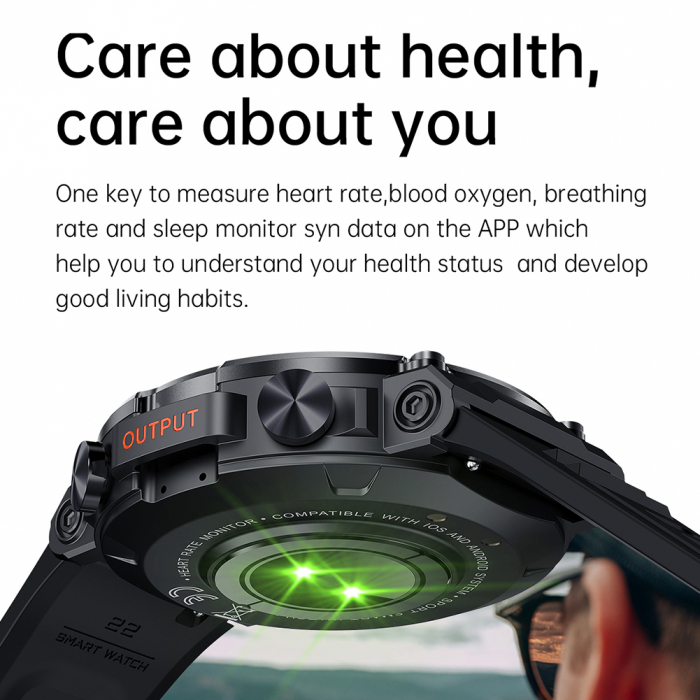 Ceas smartwatch barbati TIO® Pro Combat, 1.4 inch IPS HD, apel bluetooth HD, multi sport, monitorizare ritm cardiac multi point, oxigen sange, tensiune arteriala, difuzor, IP67 [8]