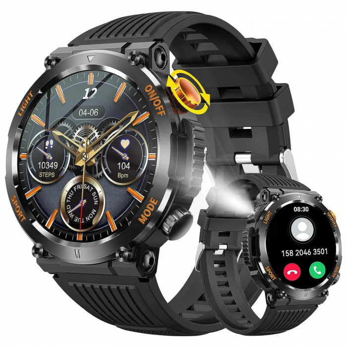 Ceas Smartwatch, Tio® Militar, Fitness, Calorii, Sport, LED Lanterna 1.46'' HD, Apeluri Bluetooth, Busola GPS [6]