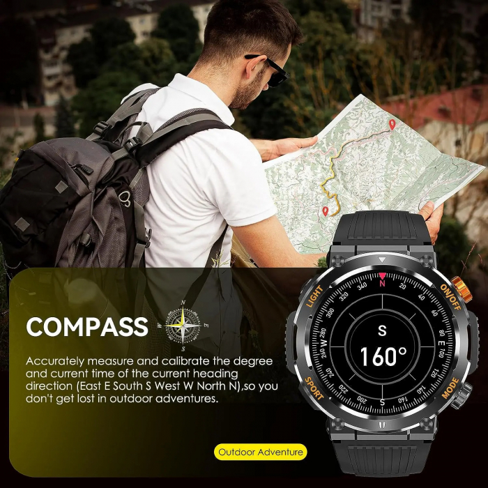 Ceas Smartwatch, Tio® Militar, Fitness, Calorii, Sport, LED Lanterna 1.46'' HD, Apeluri Bluetooth, Busola GPS [9]