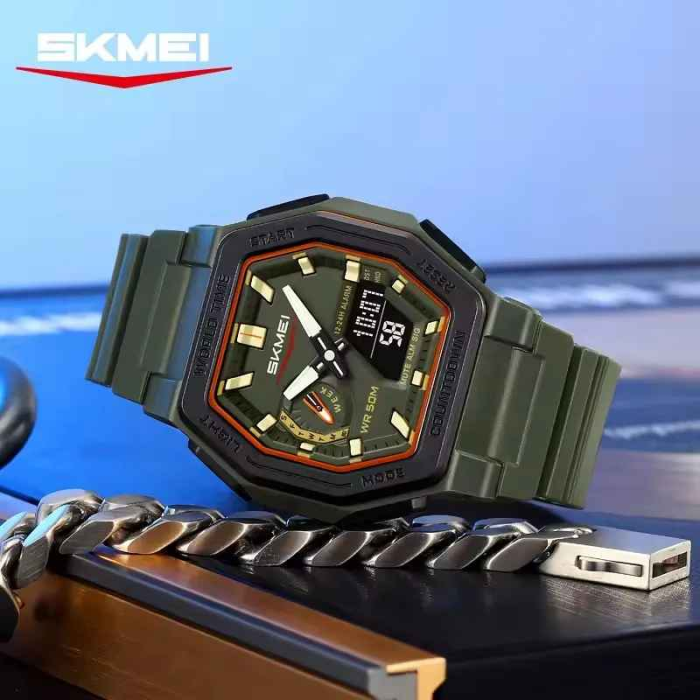 Ceas sport SKMEI 2438 verde militar, rezistent la apă 50M, multifuncțional cu LED, cronometru și alarmă [2]