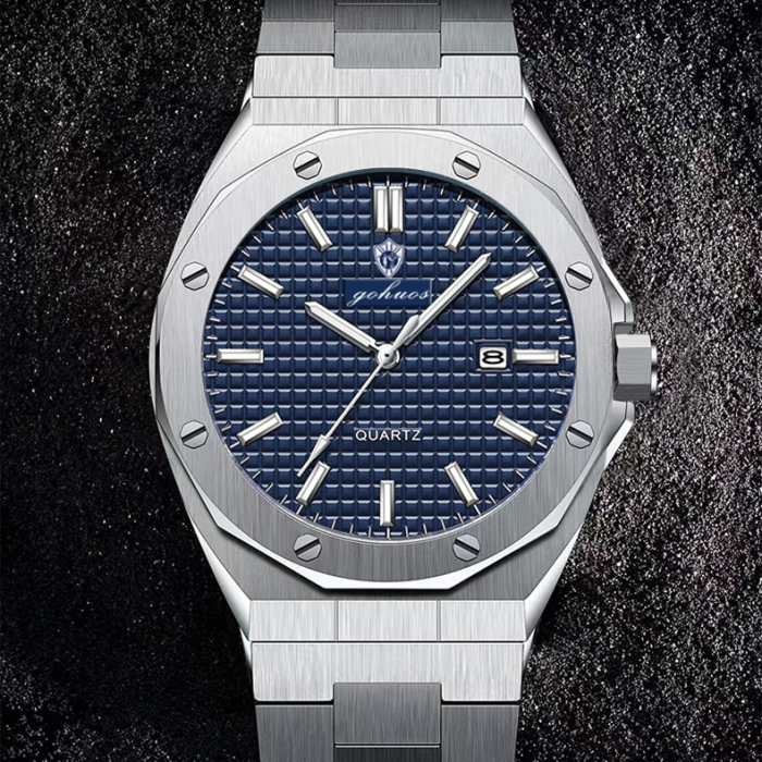 Gohuos, Ceas barbatesc de mana, Quartz, Afisare ora, data, Casual, Business, Elegant, Argintiu Albastru [6]