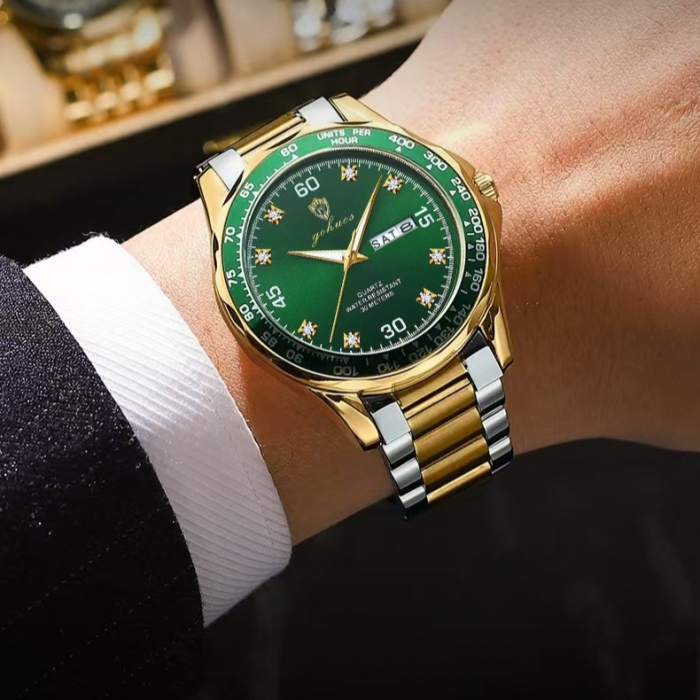 Gohuos, Ceas barbatesc de mana, Quartz, Casual, Data, Zilele saptamanii, Otel, Argintiu Verde [3]